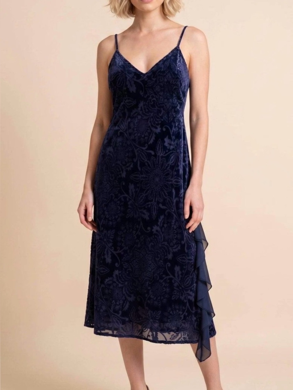 Johnny Was JADE Blue Alixa CeeCee Ruffle Slip Dress Sapphire Blue Velvet Sz L